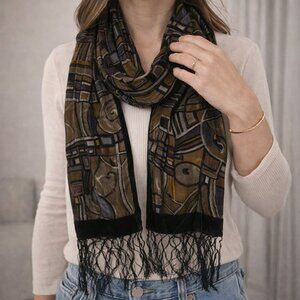 Vintage 100% Silk Abstract Fringe Scarf Brown Black Gold 68"